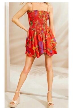 Chelsea & Violet Red Tropical Floral Smocked Mini Dress with Spaghetti Straps